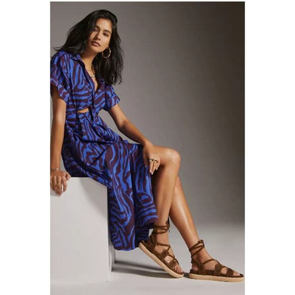 Anthropologie Twist Waist Midi Shirt Dress XS Blue Purple Zebra Print Cut-Out - Picture 2 of 12
